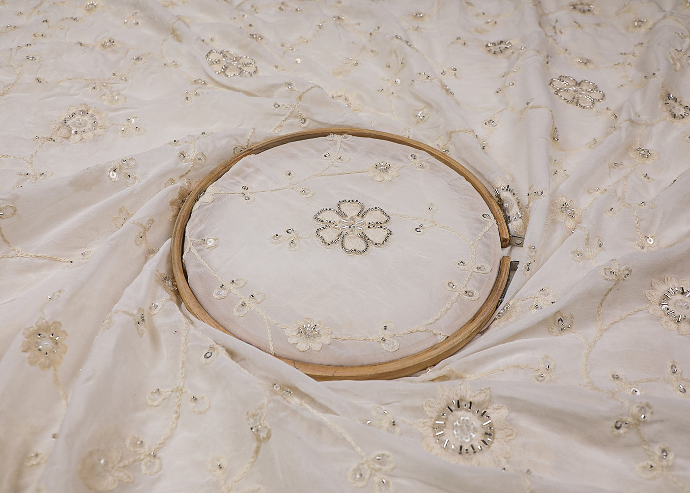White Georgette Fabric With All Over Sequins, Thread And Bead Work 19117