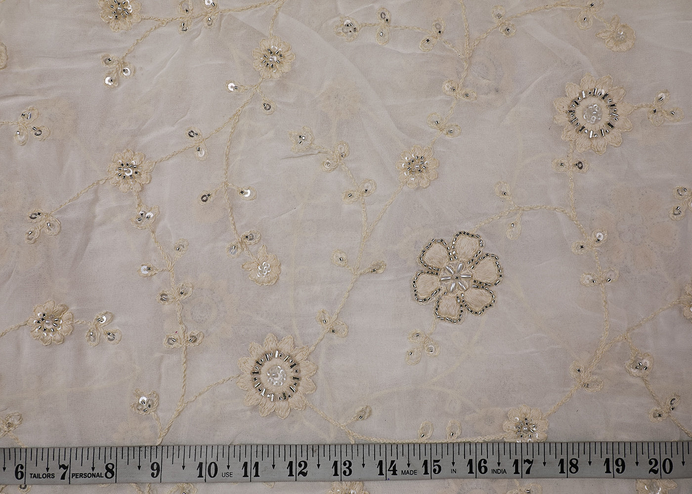 White Georgette Fabric With All Over Sequins, Thread And Bead Work 19117
