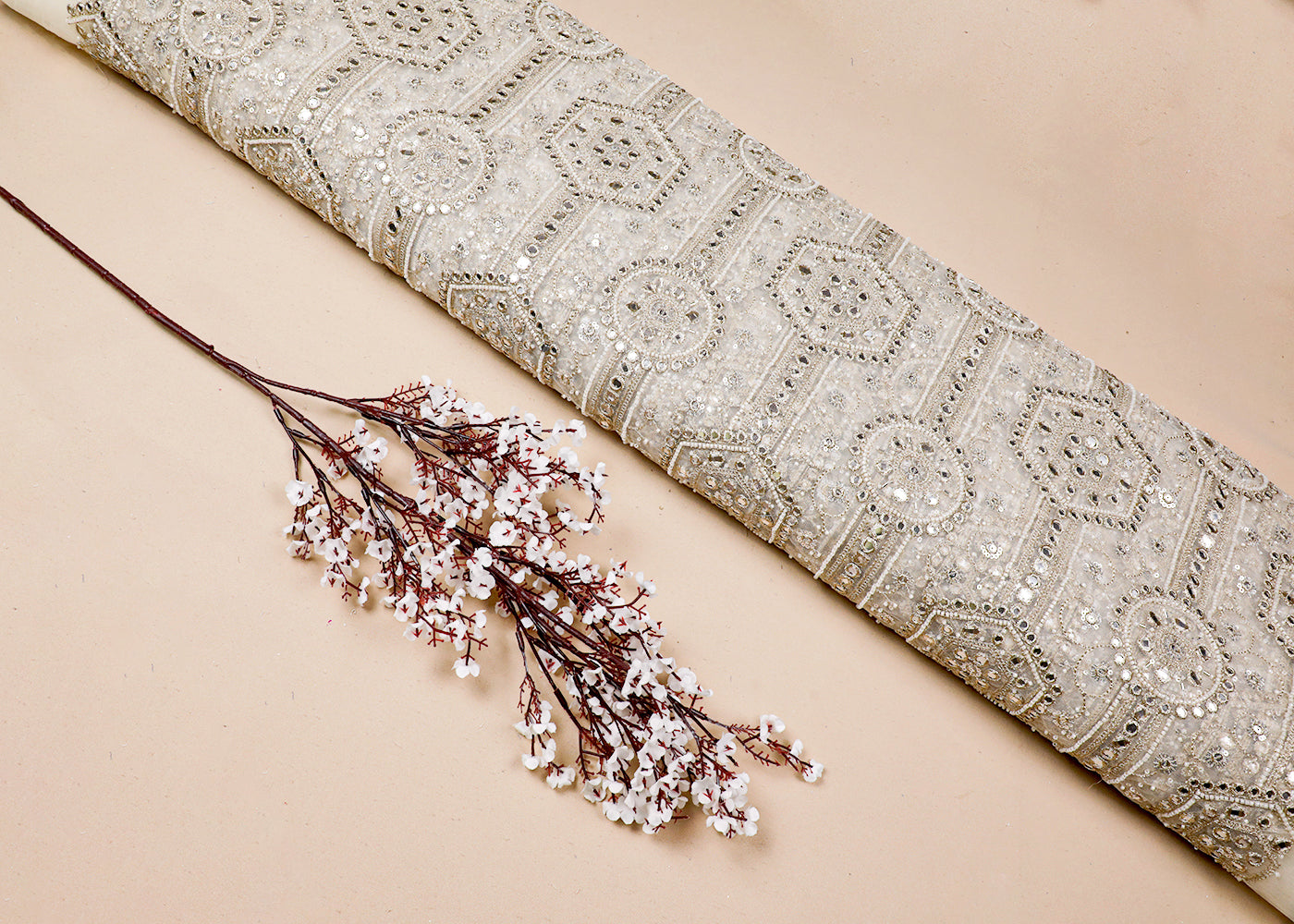 White Net Fabric With All Over Bead, Faux Mirror And Zari Work 19119