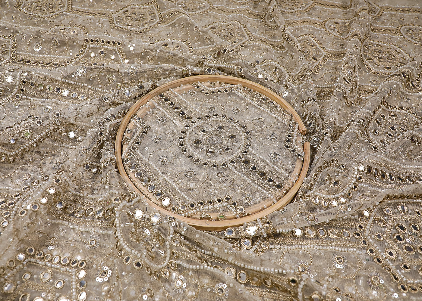 White Net Fabric With All Over Bead, Faux Mirror And Zari Work 19119