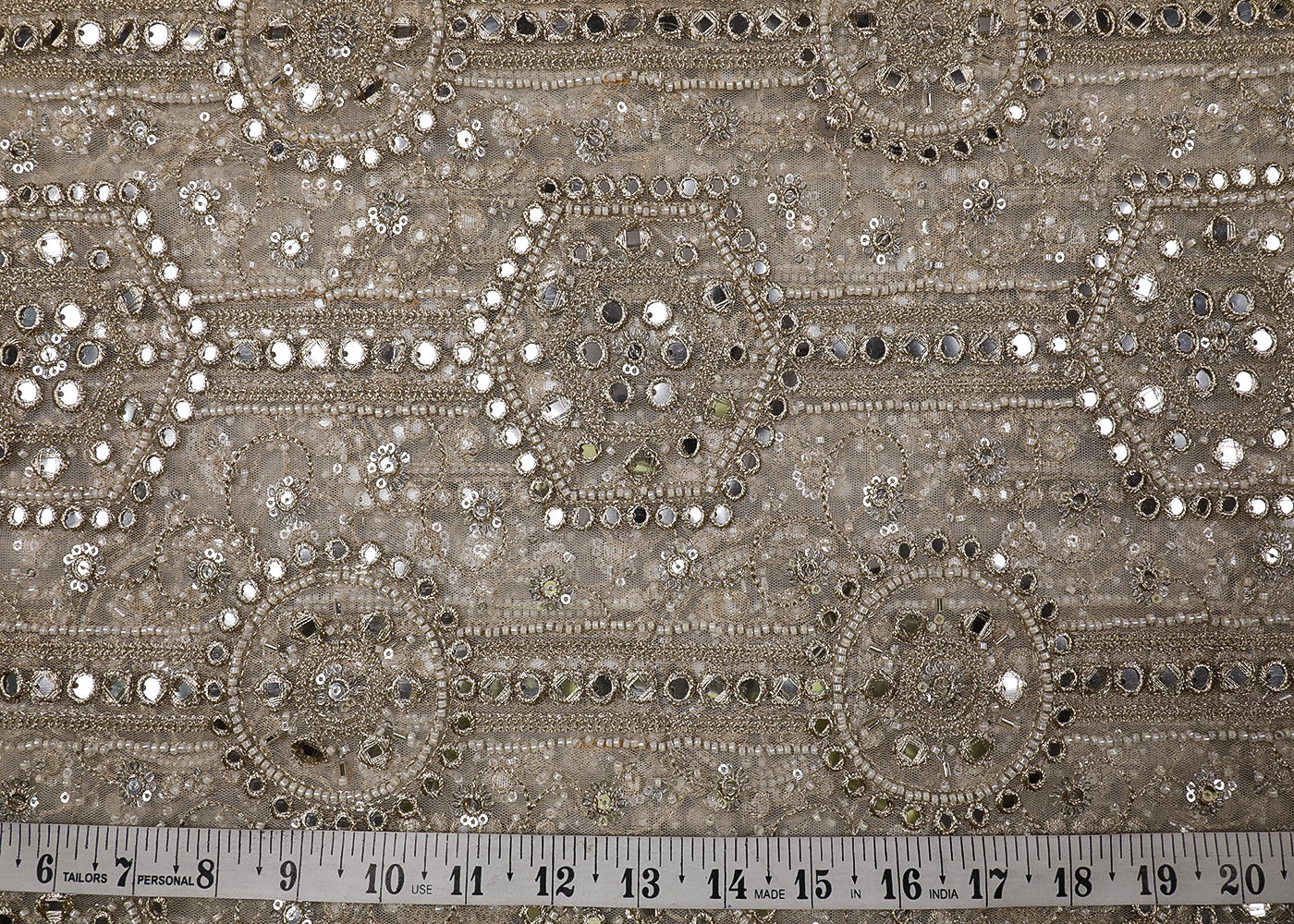 White Net Fabric With All Over Bead, Faux Mirror And Zari Work 19119