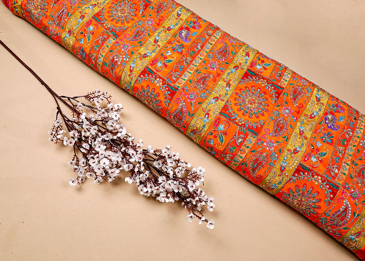 Orange Crepe Fabric With All Over Traditional Print With Thread And Zari Handloom 19125
