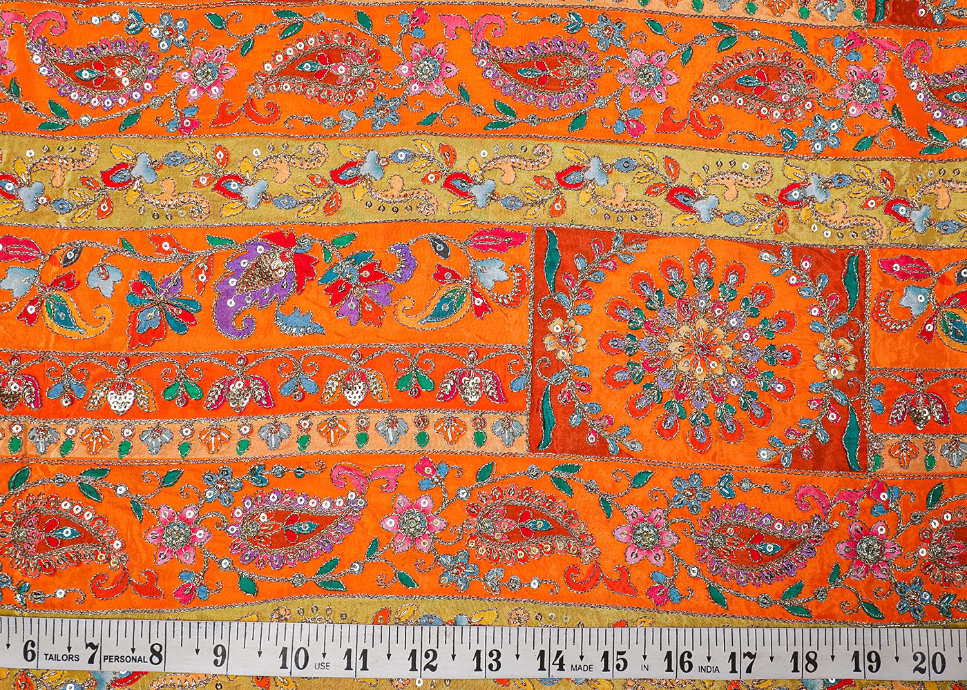 Orange Crepe Fabric With All Over Traditional Print With Thread And Zari Handloom 19125