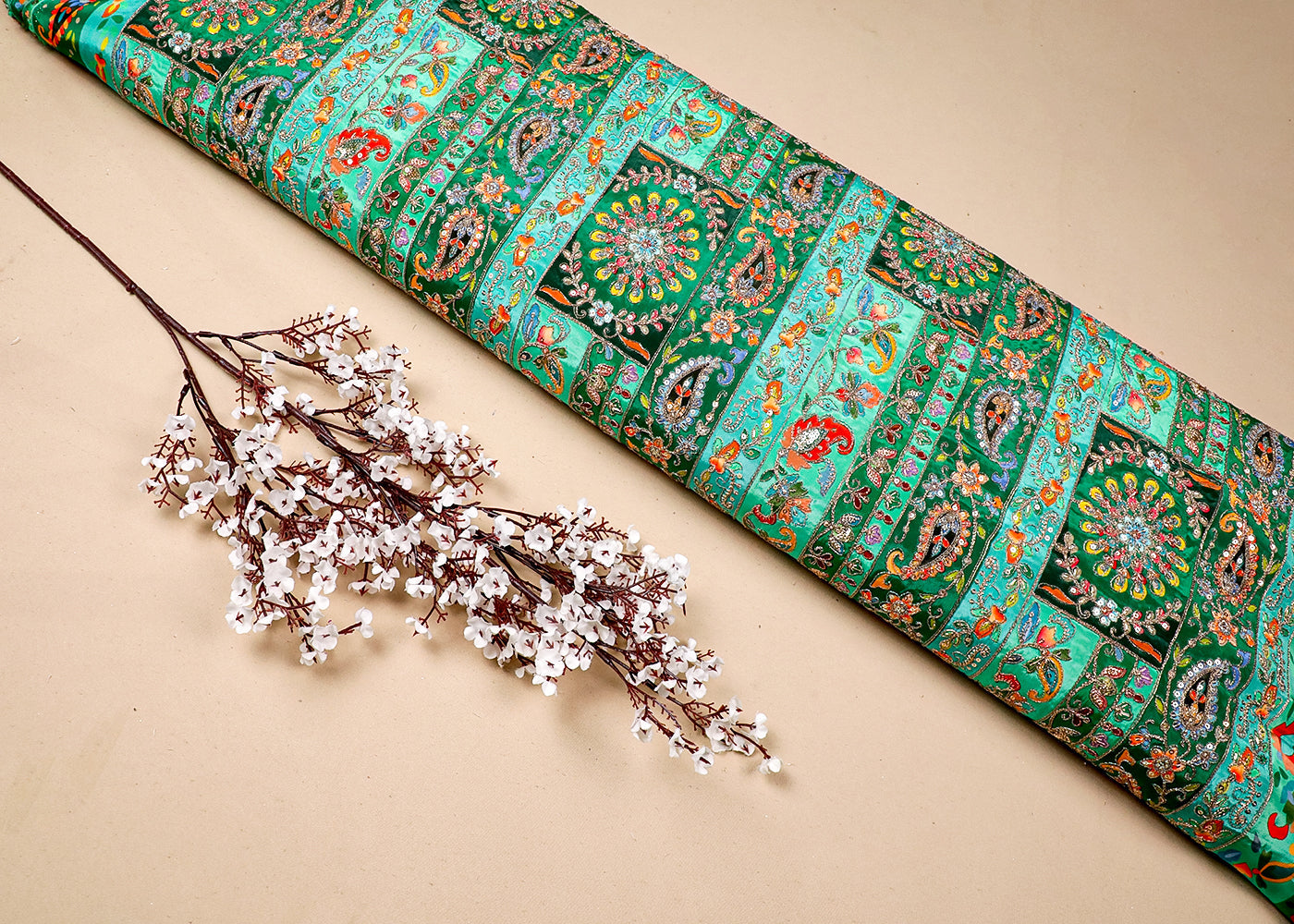 Green Crepe Fabric With All Over Traditional Print With Thread And Zari Handloom 19126