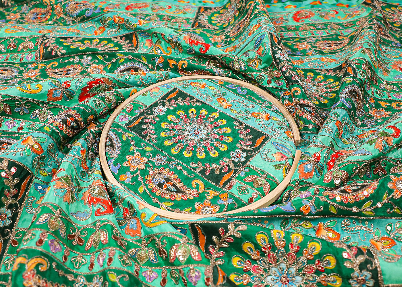 Green Crepe Fabric With All Over Traditional Print With Thread And Zari Handloom 19126