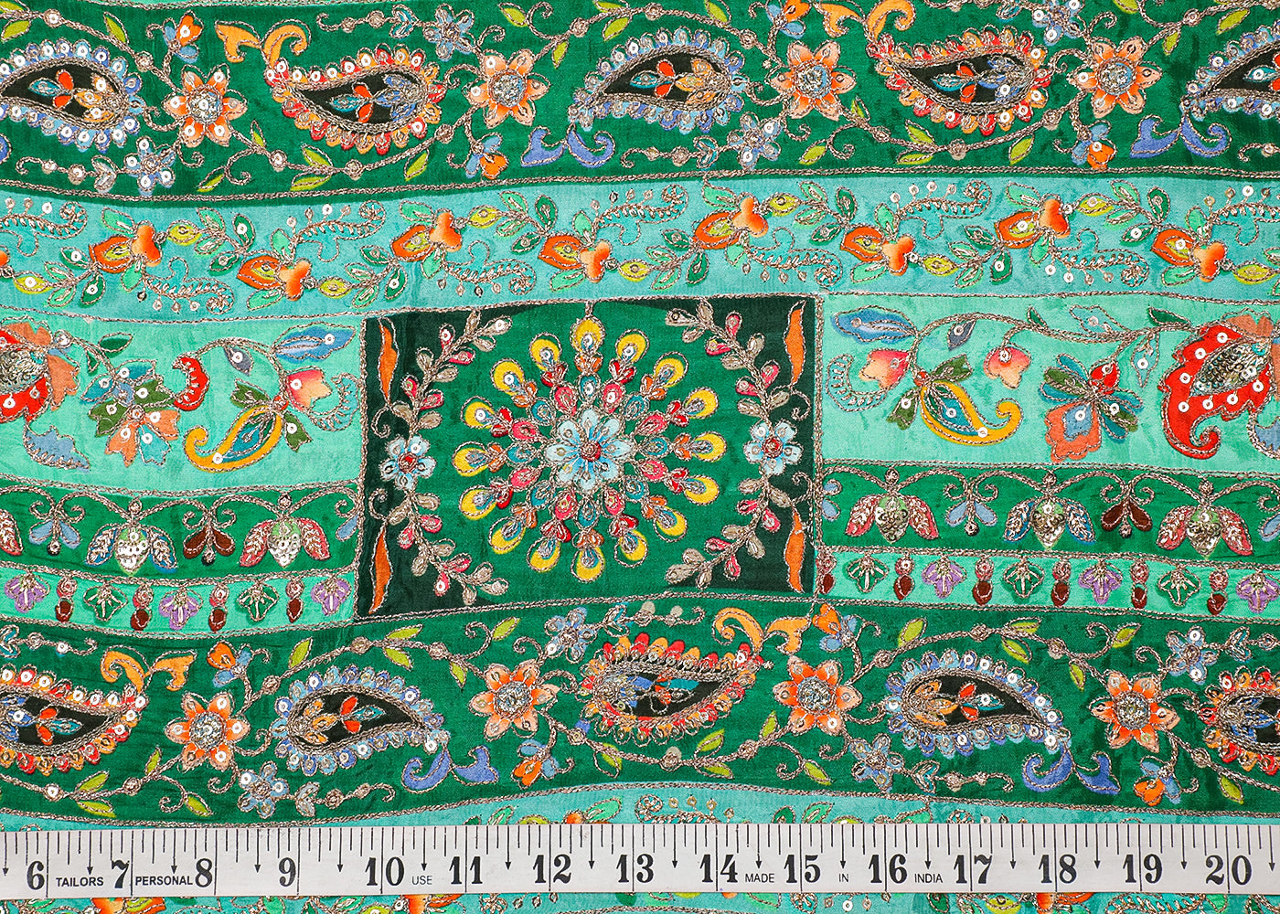 Green Crepe Fabric With All Over Traditional Print With Thread And Zari Handloom 19126