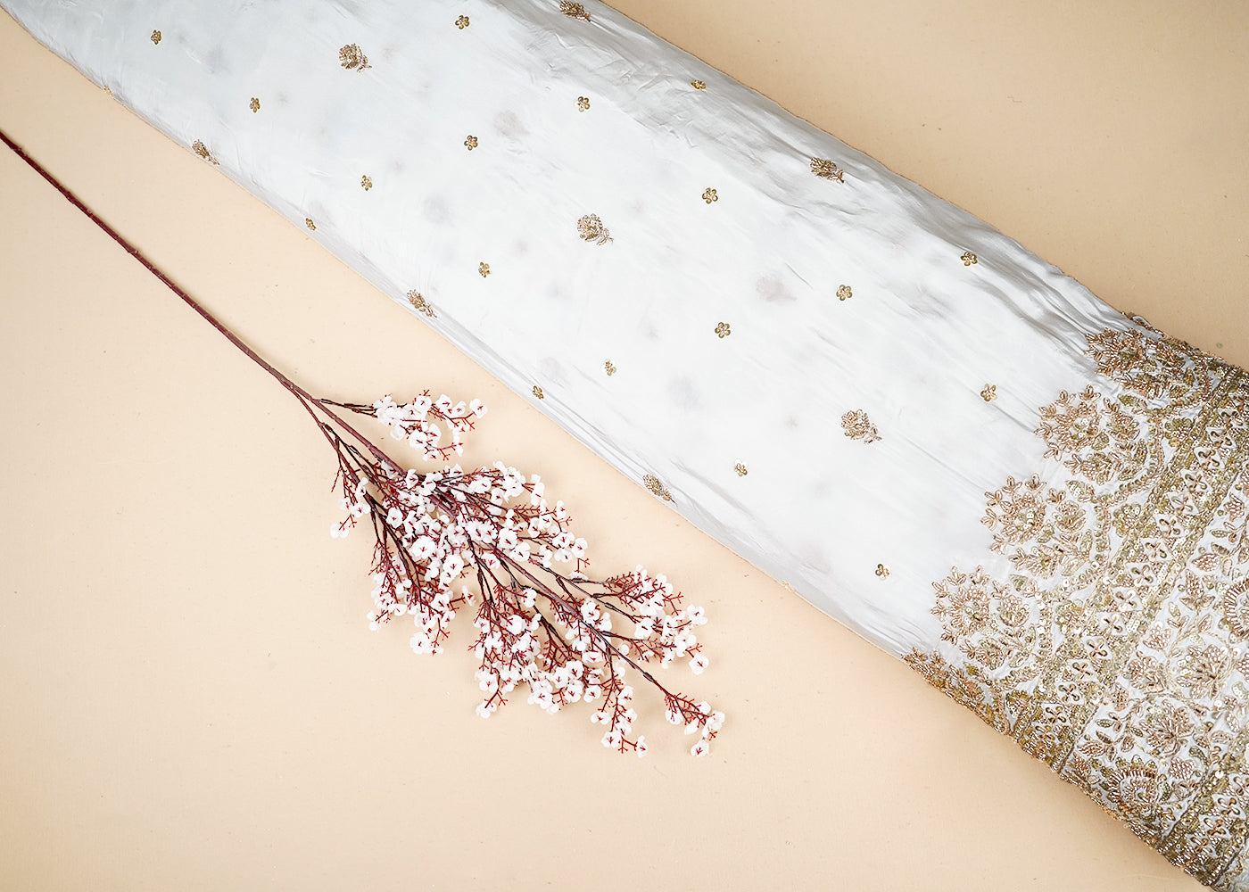 White Crepe Fabric With All Over Katdana, Sequins And Bead Work With One Side Border 19127