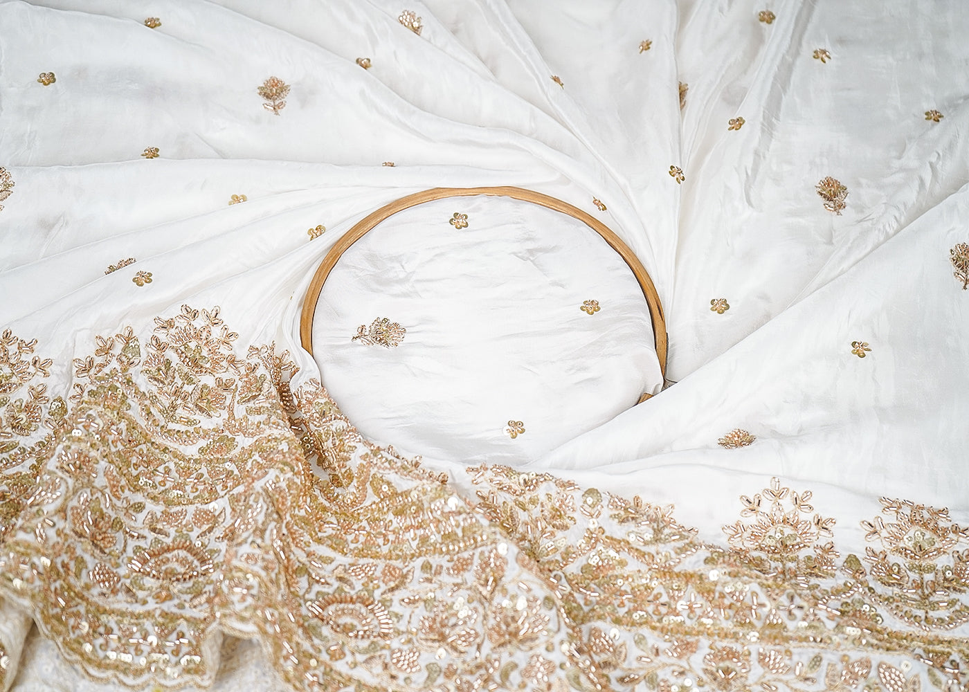 White Crepe Fabric With All Over Katdana, Sequins And Bead Work With One Side Border 19127