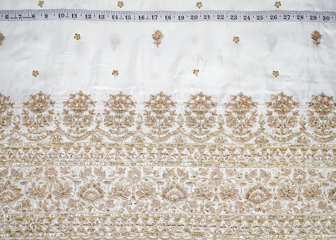 White Crepe Fabric With All Over Katdana, Sequins And Bead Work With One Side Border 19127