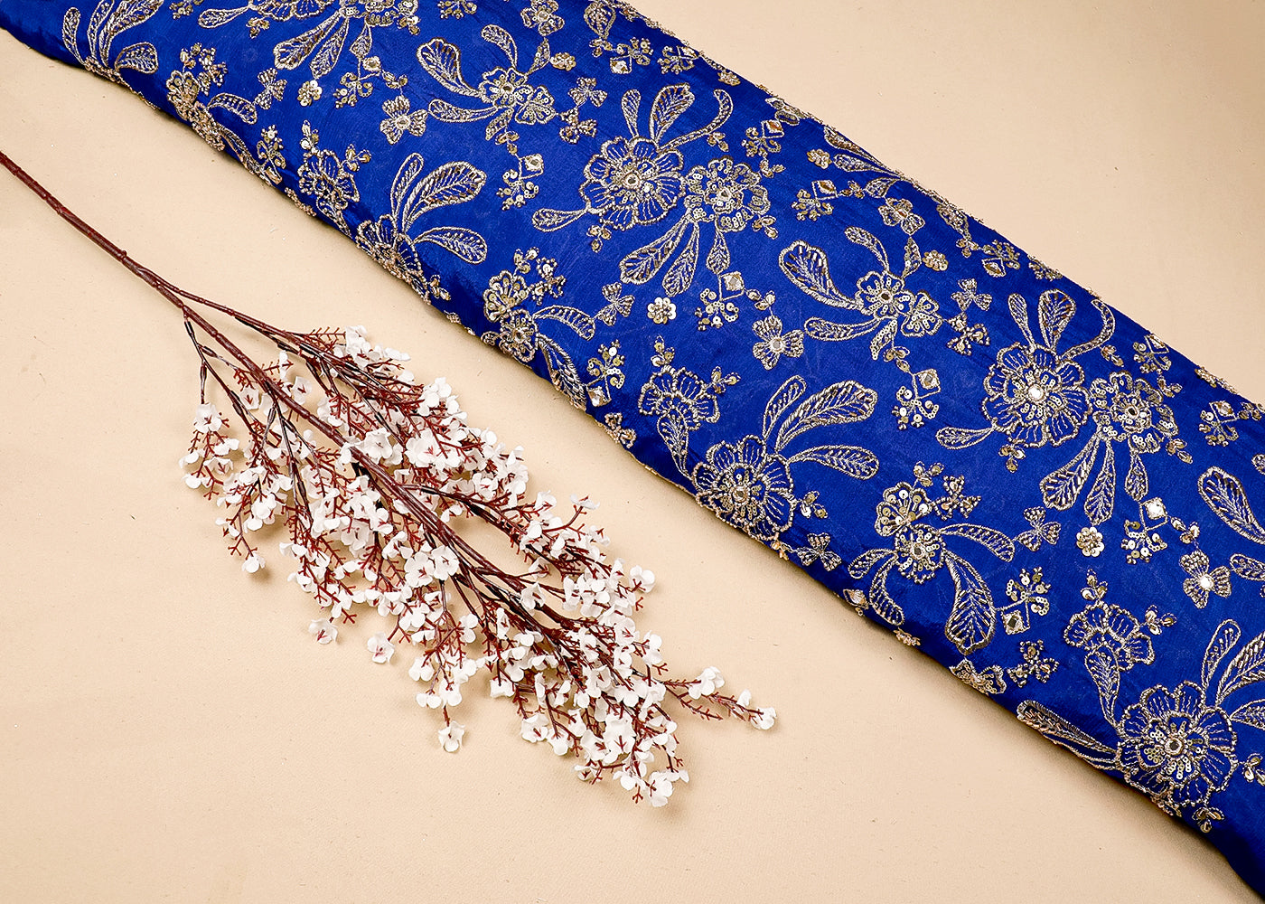 Royal Blue Chinon Chiffon Fabric With All Over Zari, Bead, Katdana And Faux Mirror Work 19129