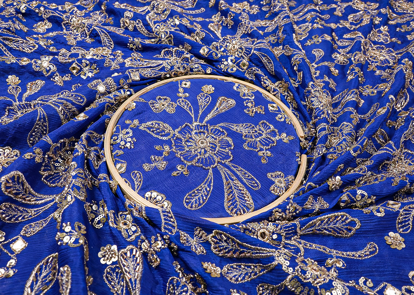Royal Blue Chinon Chiffon Fabric With All Over Zari, Bead, Katdana And Faux Mirror Work 19129