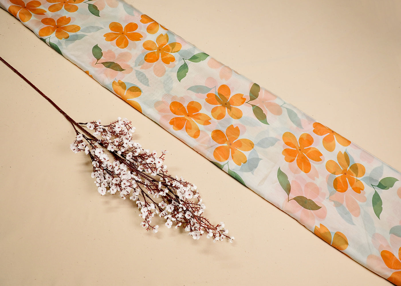 White Organza Fabric With All Over Floral Print 19133