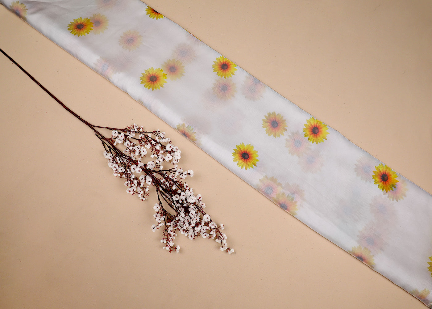 White Organza Fabric With All Over Floral Print 19135