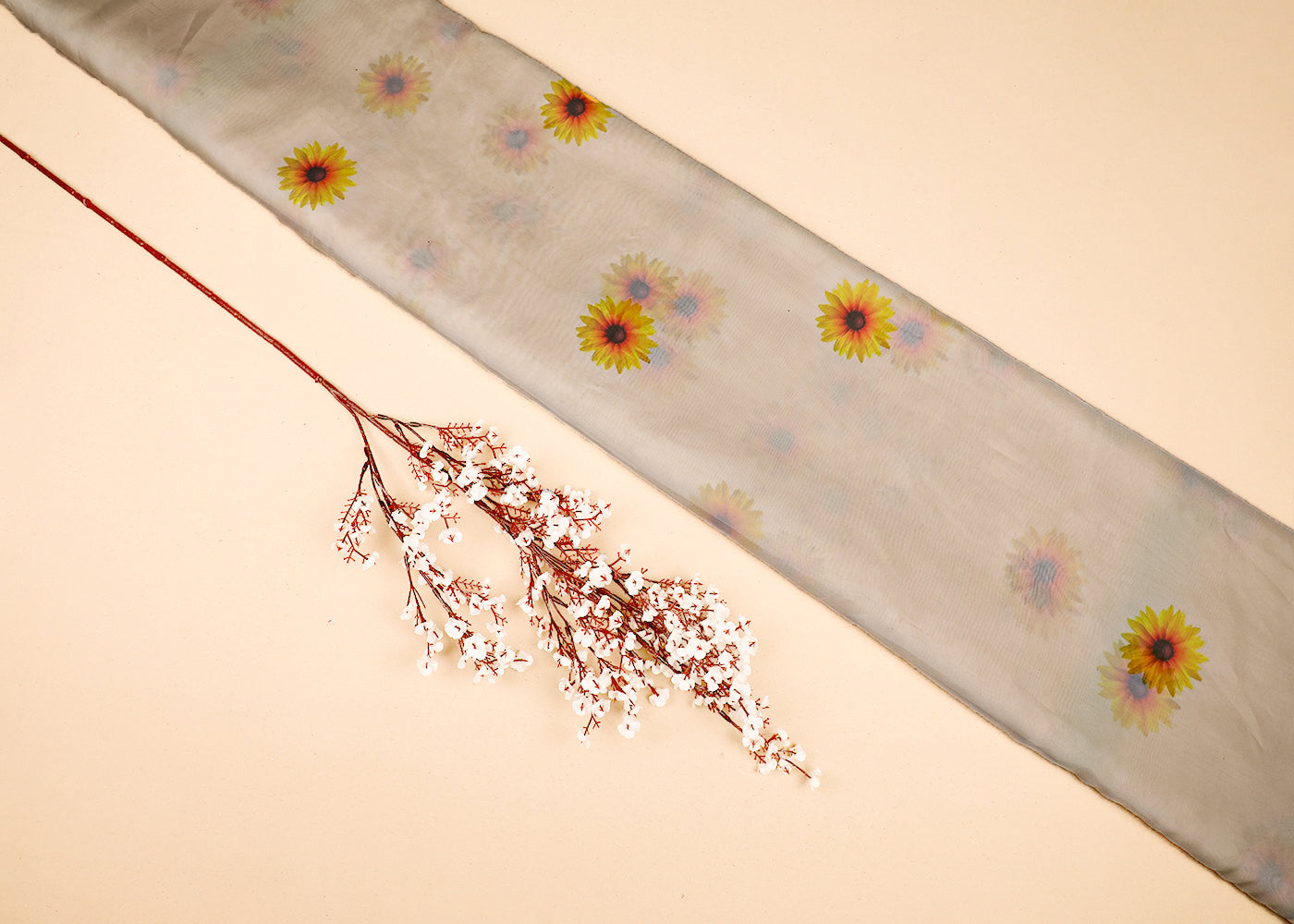 Off White Organza Fabric With All Over Floral Print 19136