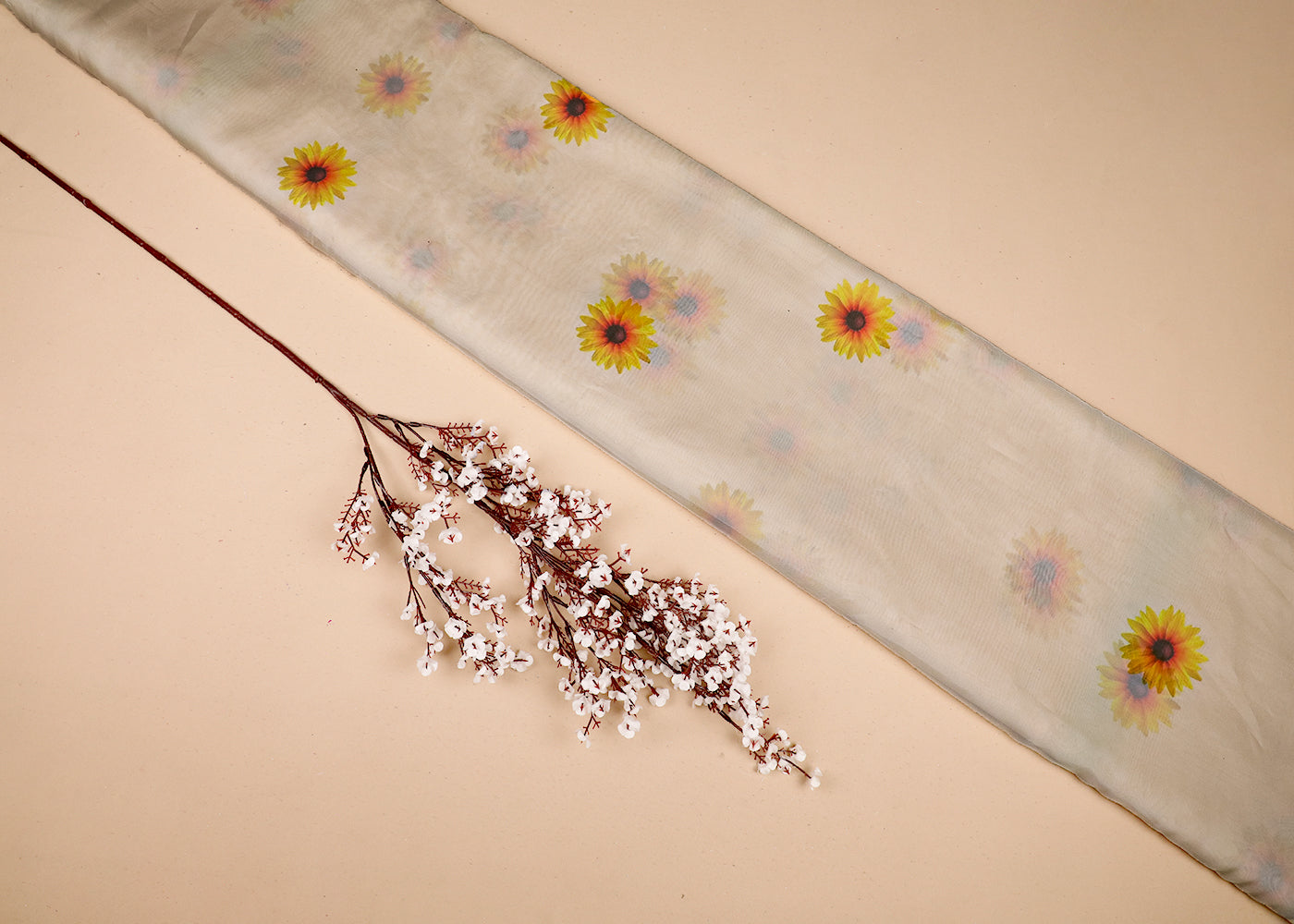 White Organza Fabric With All Over Floral Print 19136