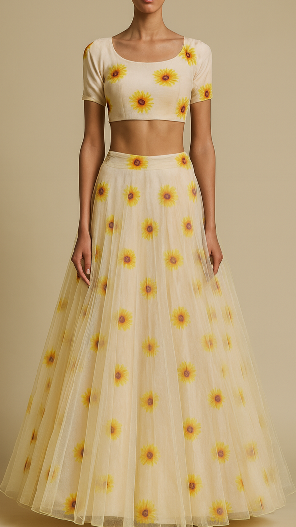 Off White Organza Fabric With All Over Floral Print 19136