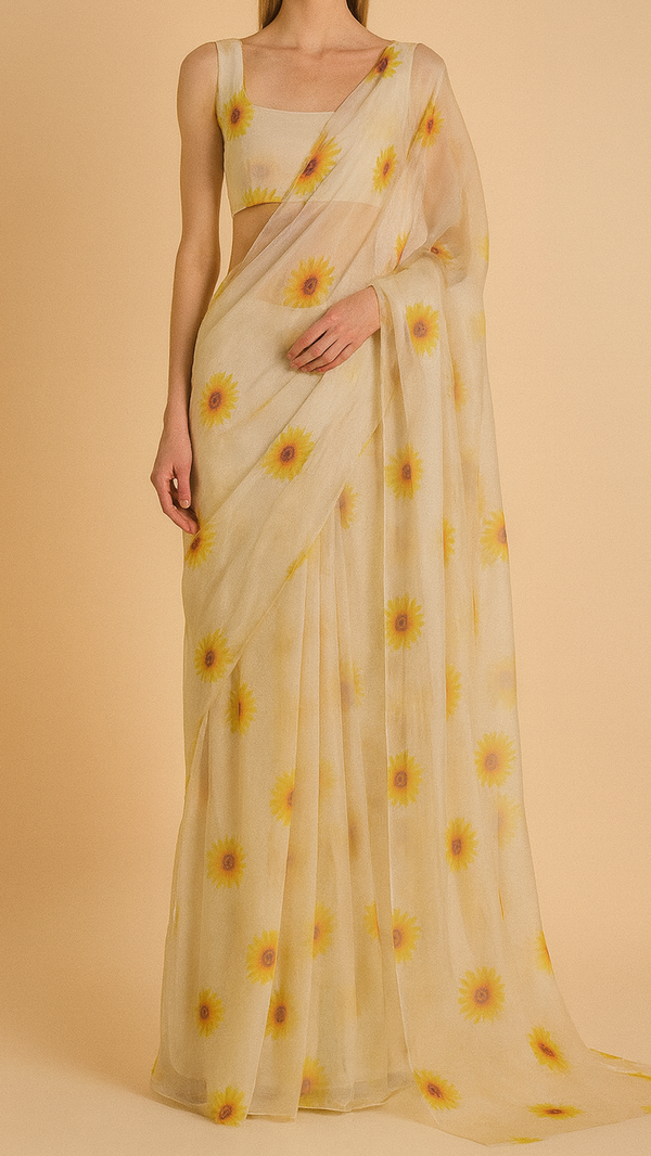 Off White Organza Fabric With All Over Floral Print 19136