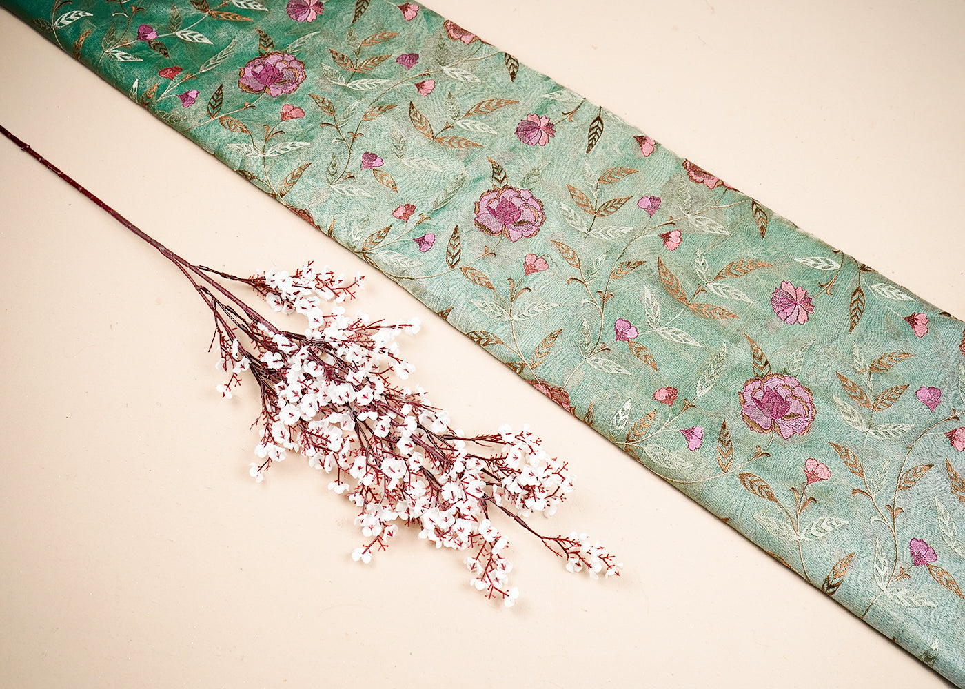 Sea Green Organza Fabric With All Over Thread Work 19137