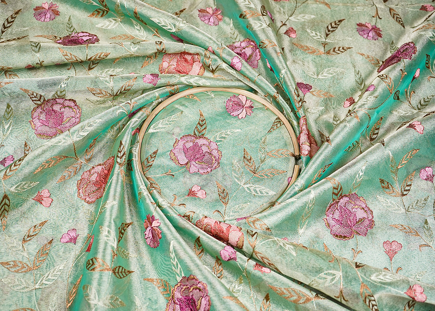 Sea Green Organza Fabric With All Over Thread Work 19137