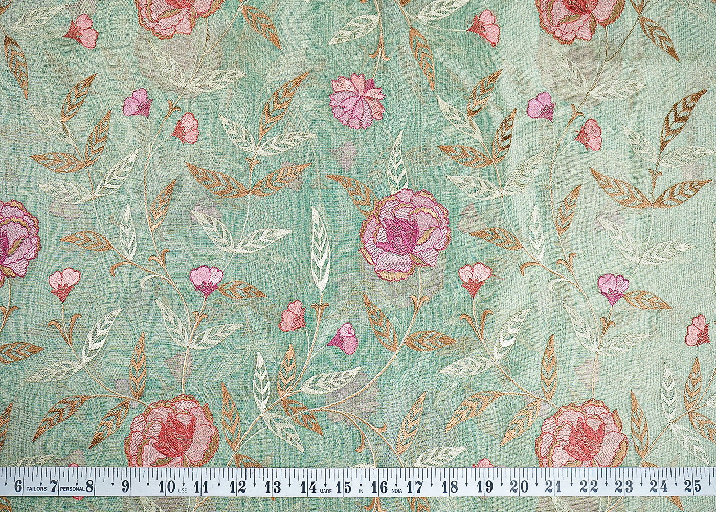 Sea Green Organza Fabric With All Over Thread Work 19137