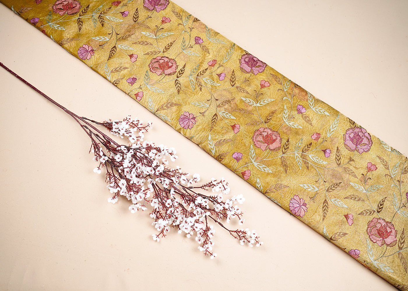 Yellow Organza Fabric With All Over Thread Work 19138