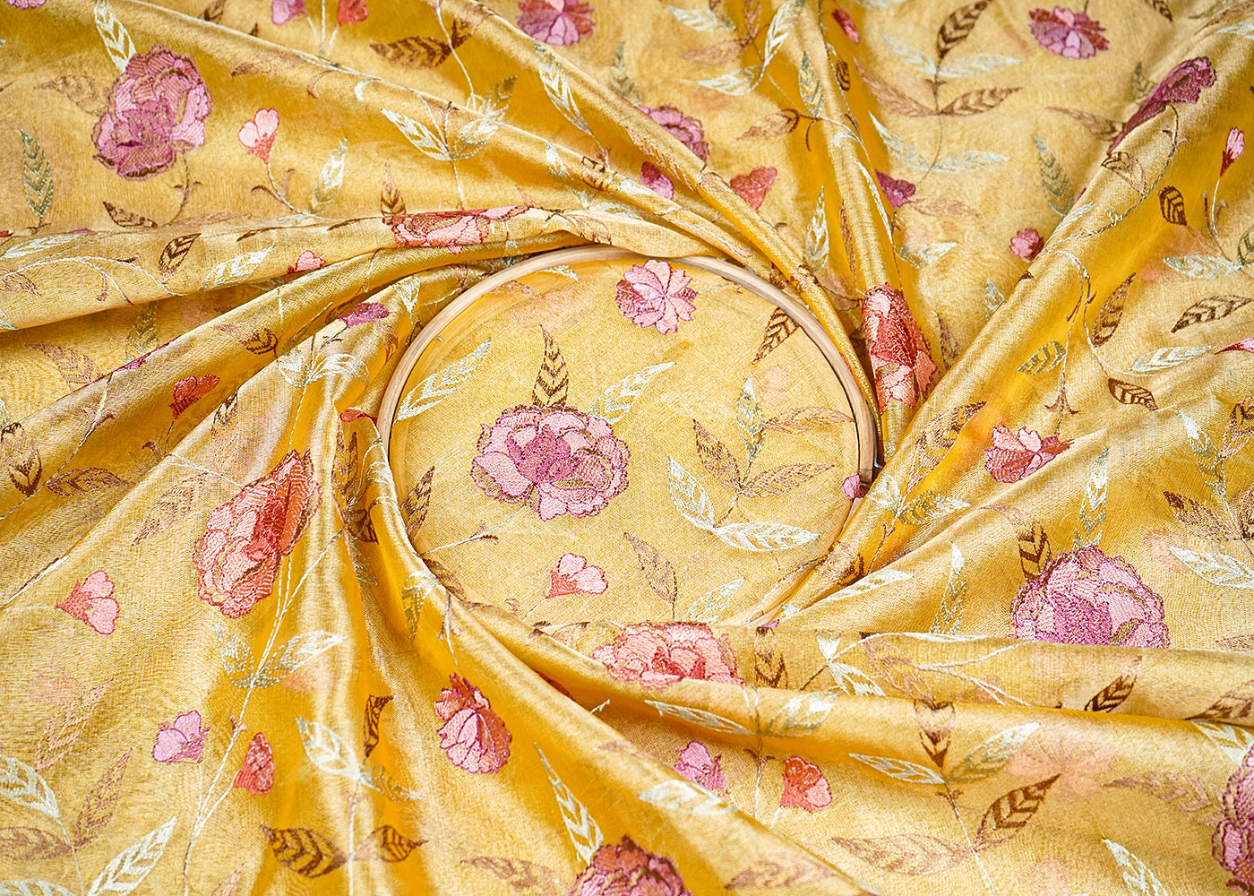 Yellow Organza Fabric With All Over Thread Work 19138