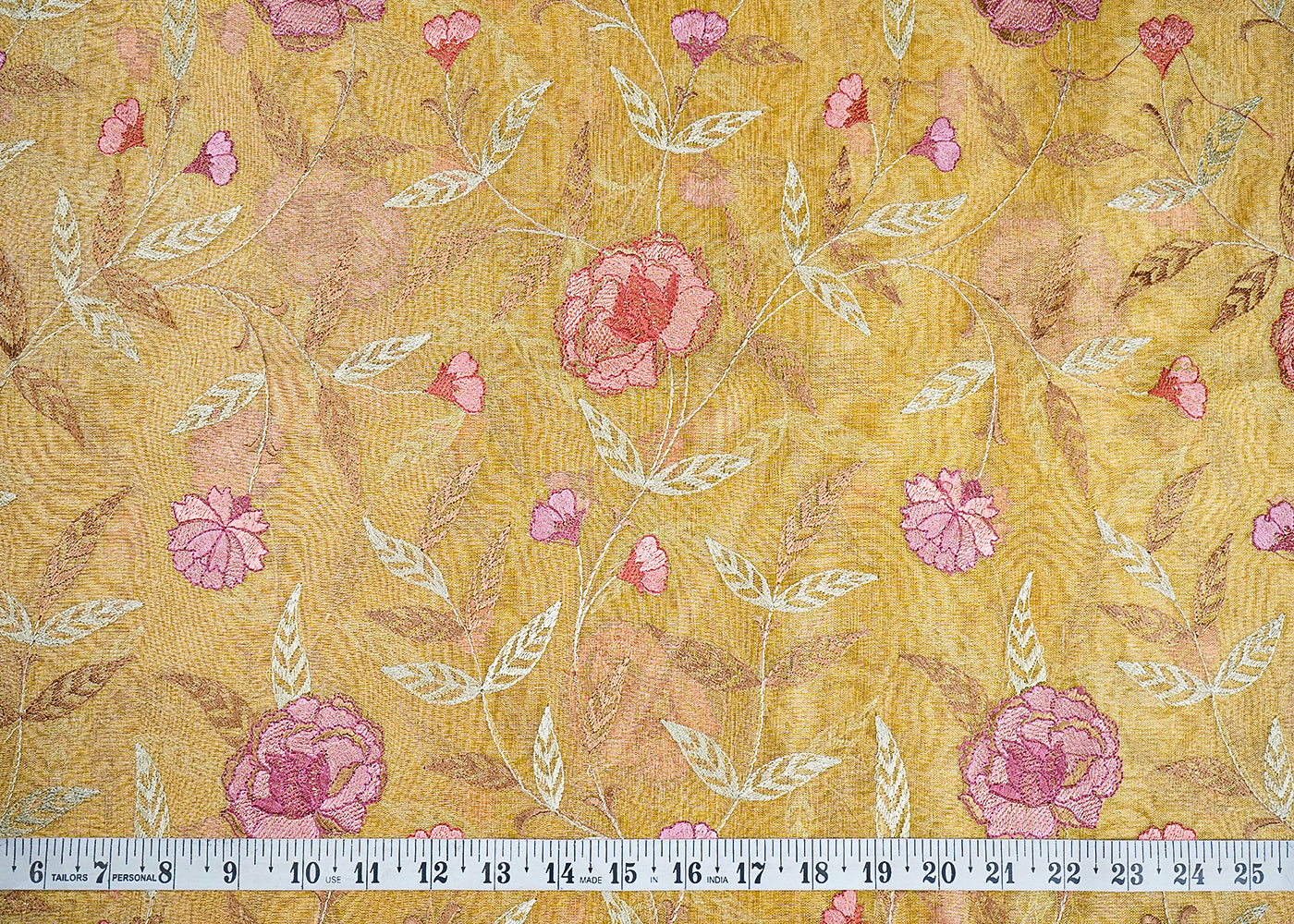 Yellow Organza Fabric With All Over Thread Work 19138