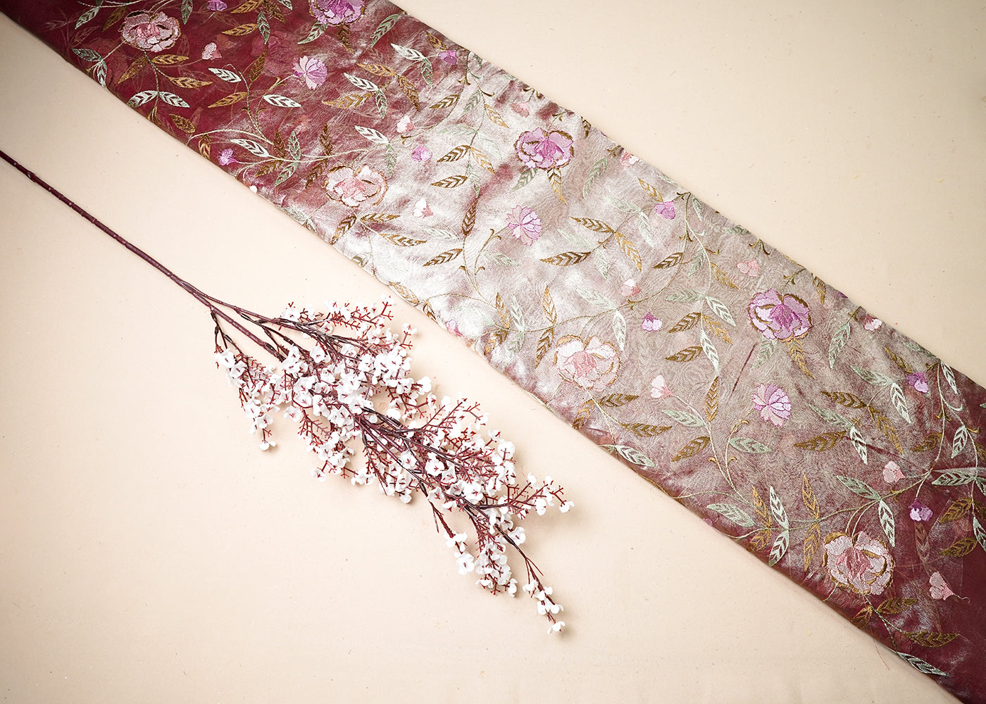 Maroon Organza Fabric With All Over Thread Work 19139