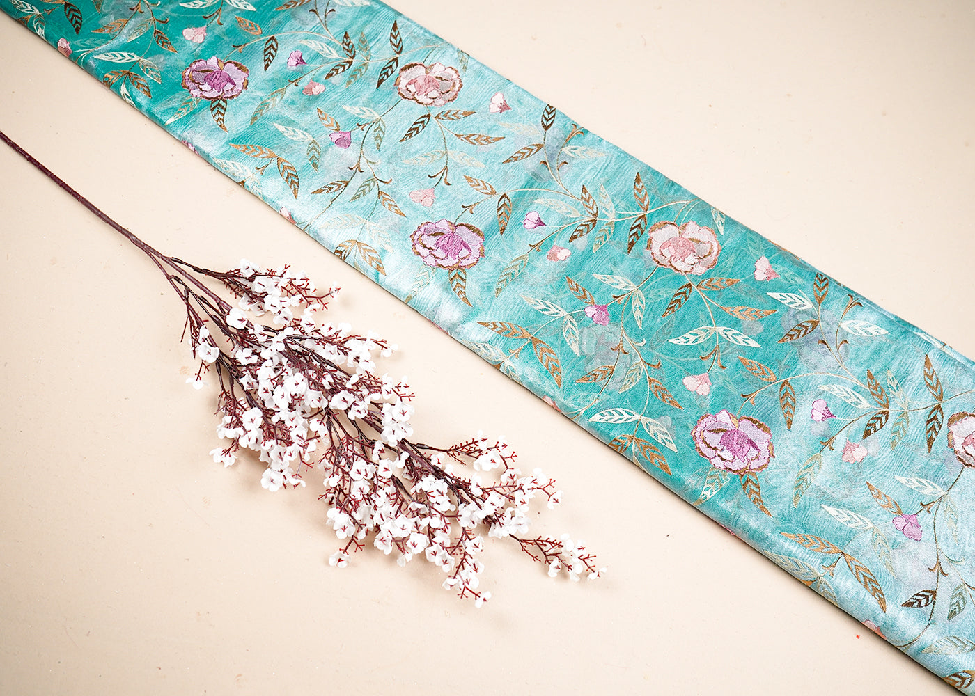 Blue Organza Fabric With All Over Thread Work 19141