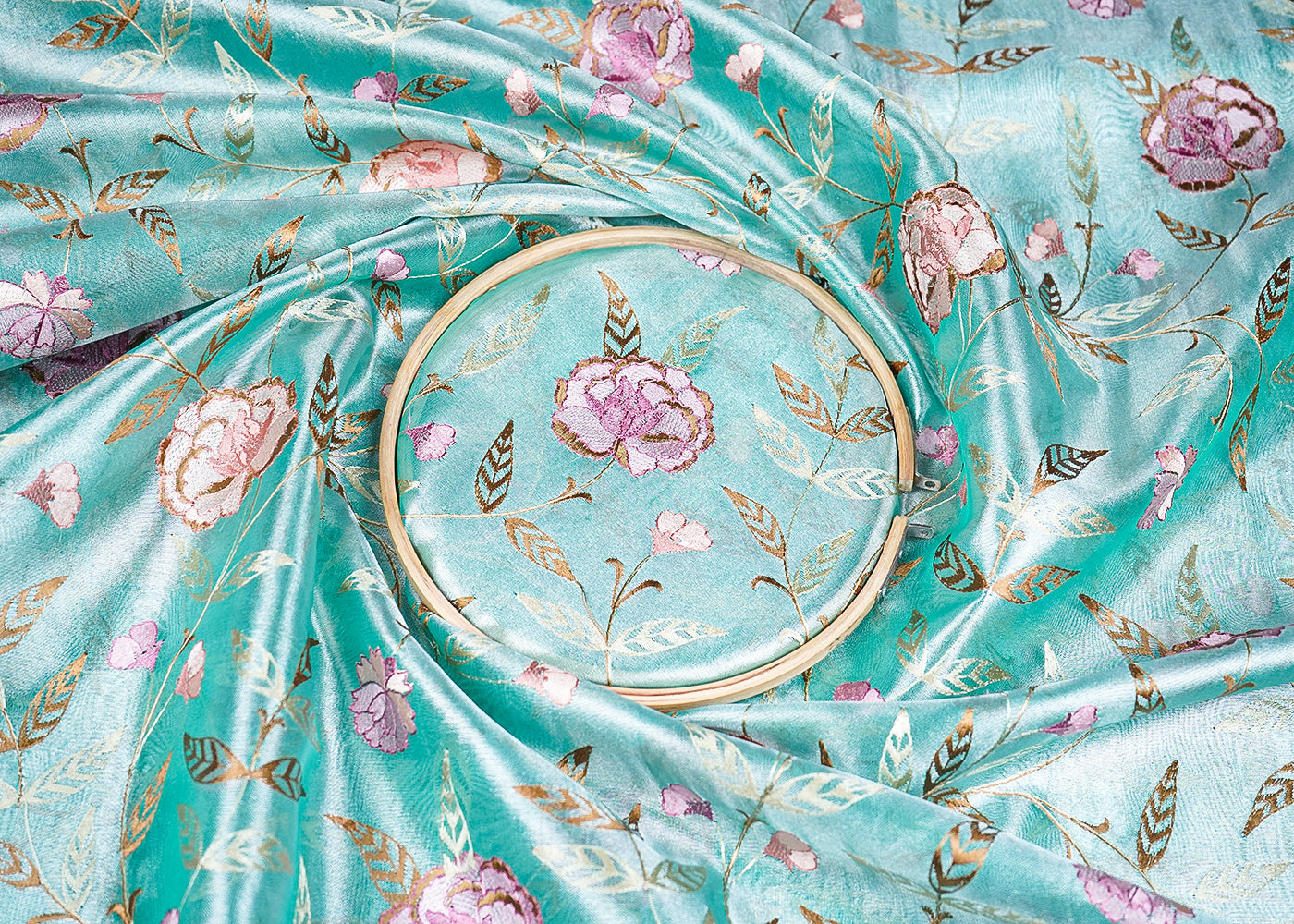 Blue Organza Fabric With All Over Thread Work 19141