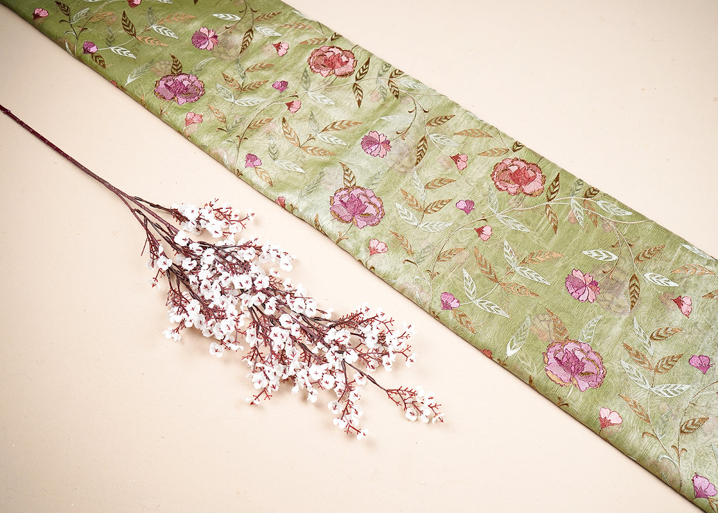 Pista Green Organza Fabric With All Over Thread Work 19142