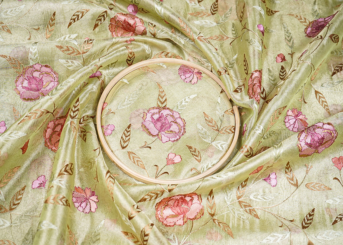 Pista Green Organza Fabric With All Over Thread Work 19142