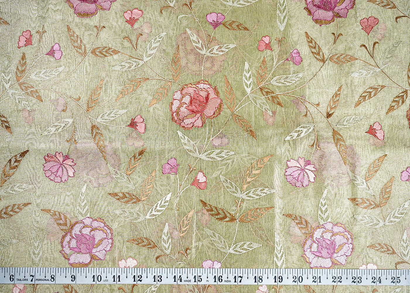 Pista Green Organza Fabric With All Over Thread Work 19142