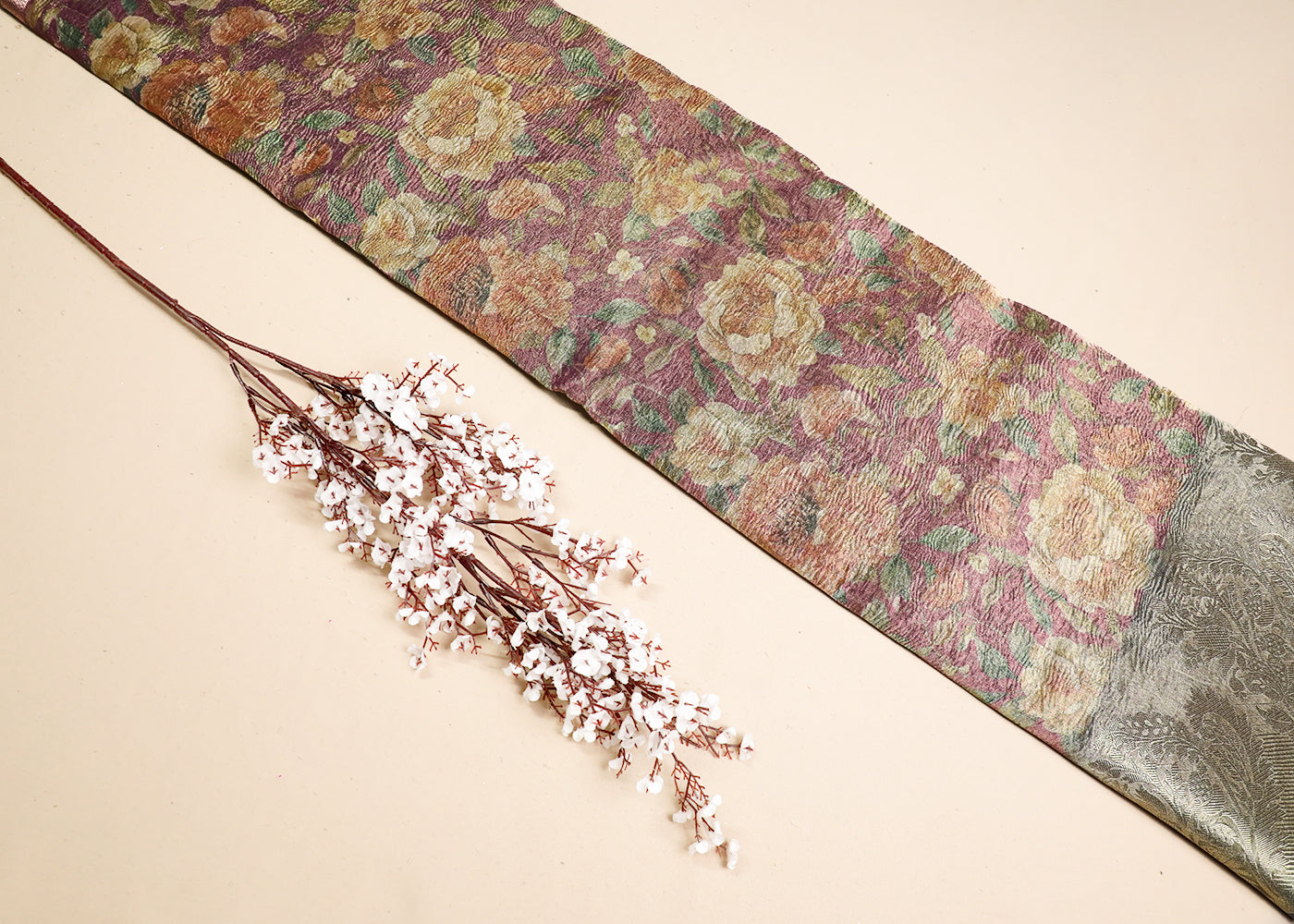 Purple Organza Fabric With All Over Floral Print And Thread Handloom Border 19143
