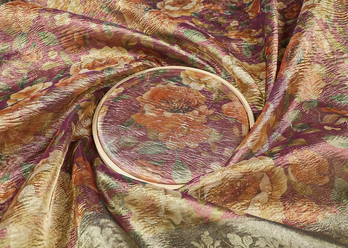 Purple Organza Fabric With All Over Floral Print And Thread Handloom Border 19143