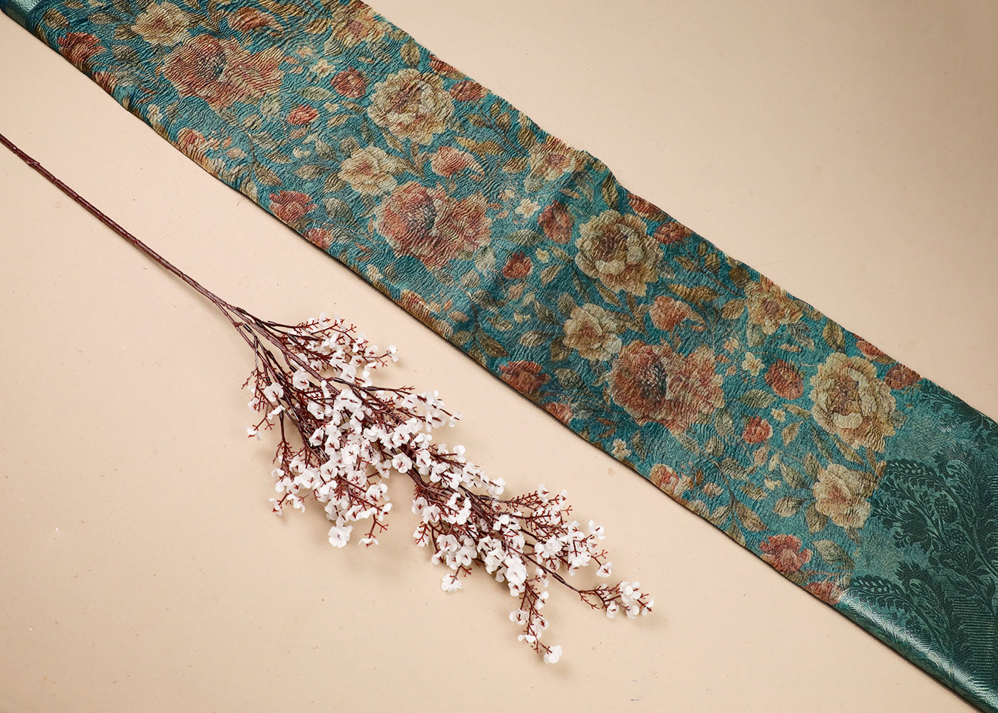 Sea Blue Organza Fabric With All Over Floral Print And Thread Handloom Border 19144