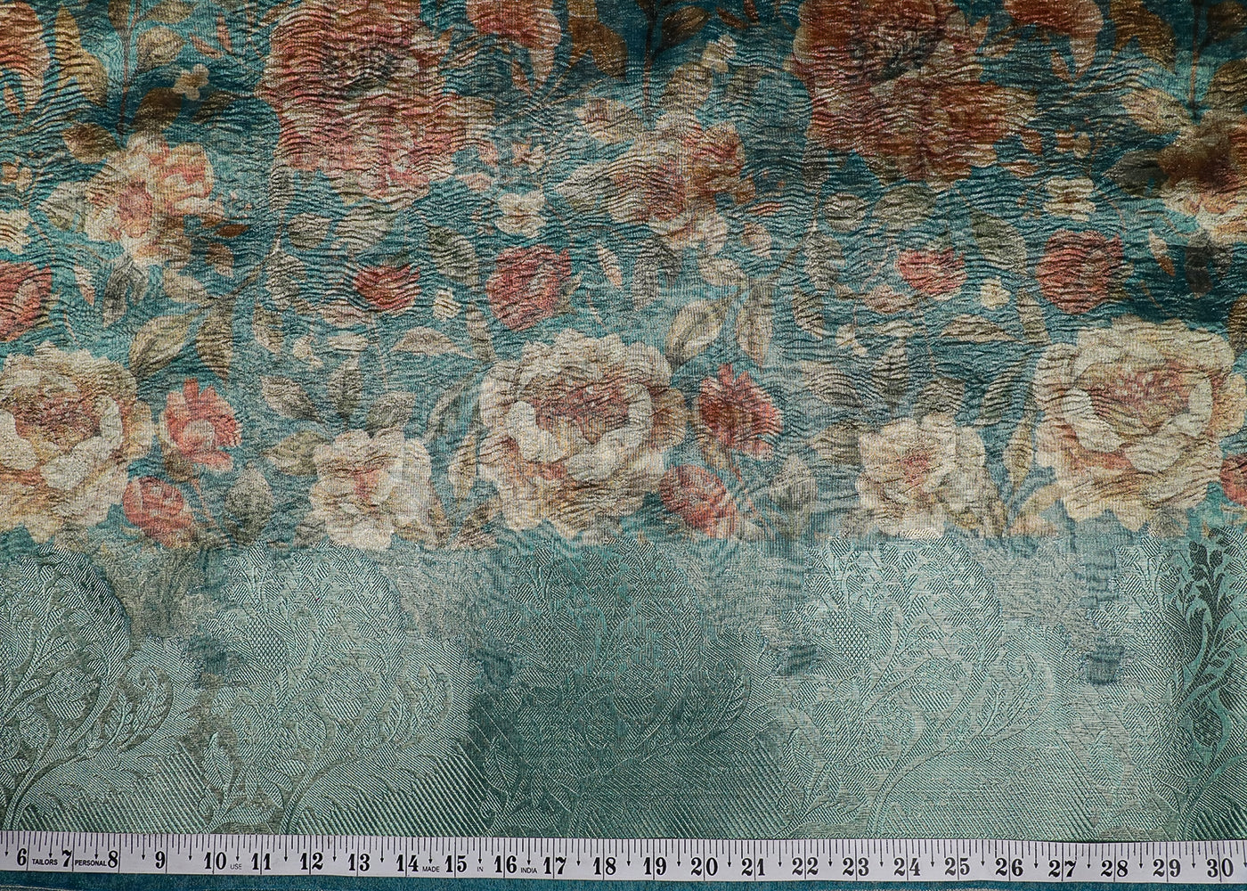 Sea Blue Organza Fabric With All Over Floral Print And Thread Handloom Border 19144