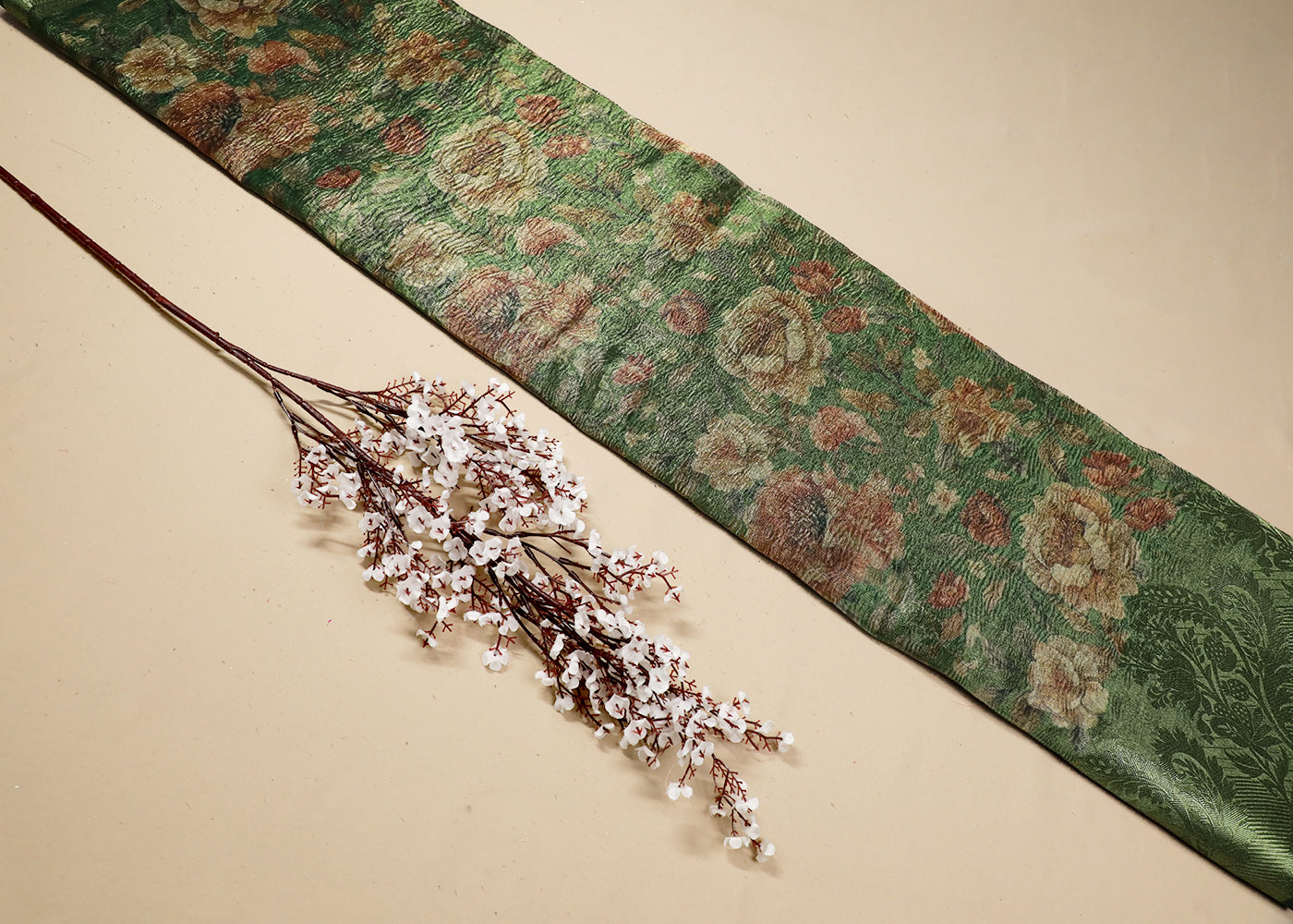 Green Organza Fabric With All Over Floral Print And Thread Handloom Border 19145
