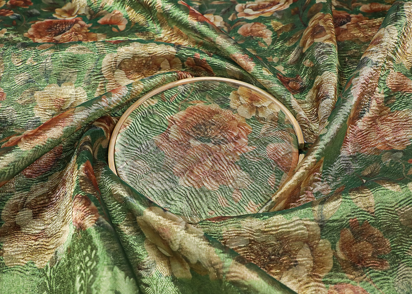 Green Organza Fabric With All Over Floral Print And Thread Handloom Border 19145