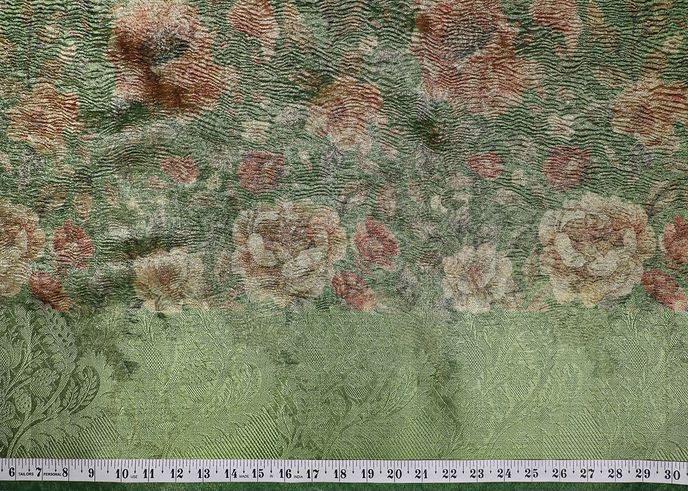 Green Organza Fabric With All Over Floral Print And Thread Handloom Border 19145