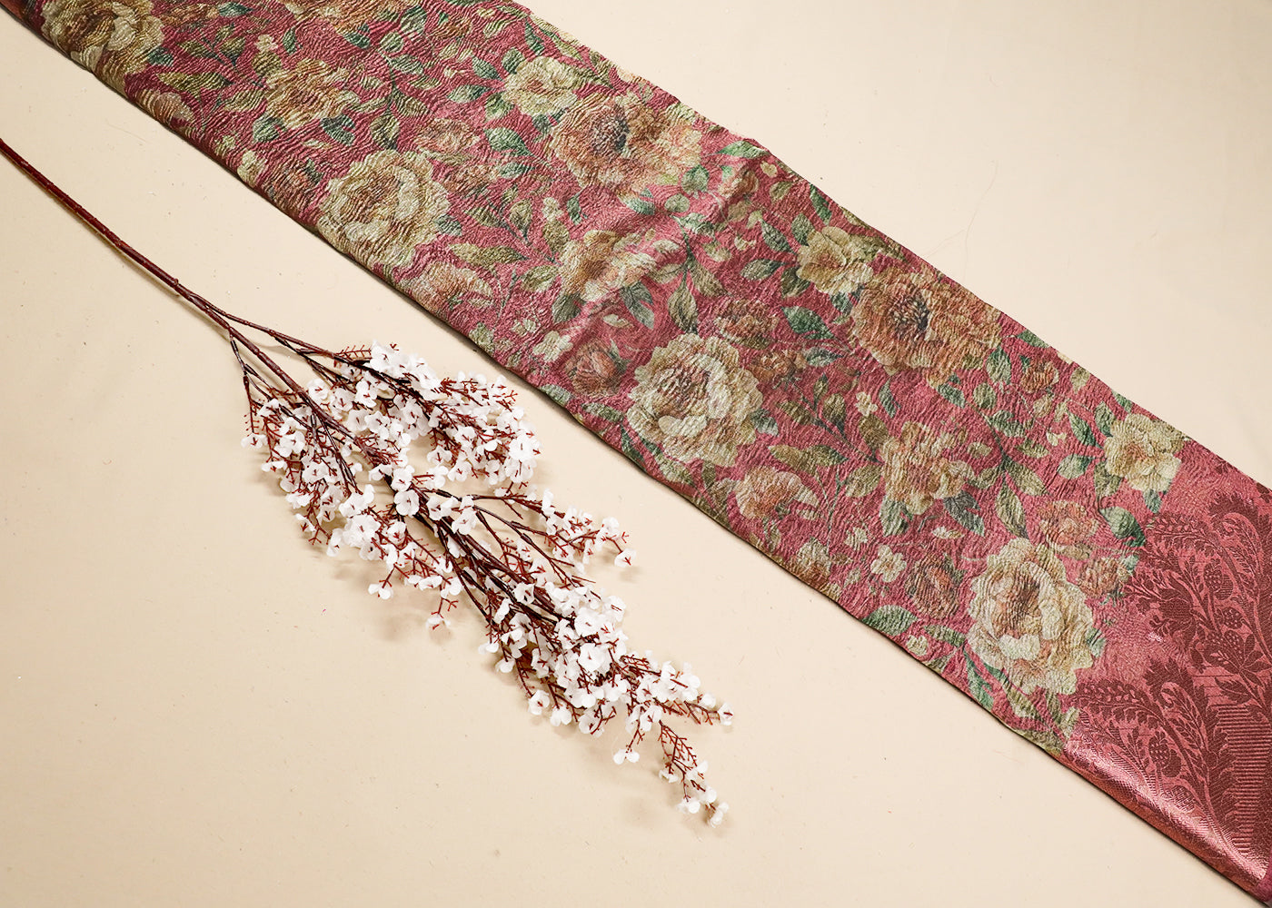 Pink Organza Fabric With All Over Floral Print And Thread Handloom Border 19146