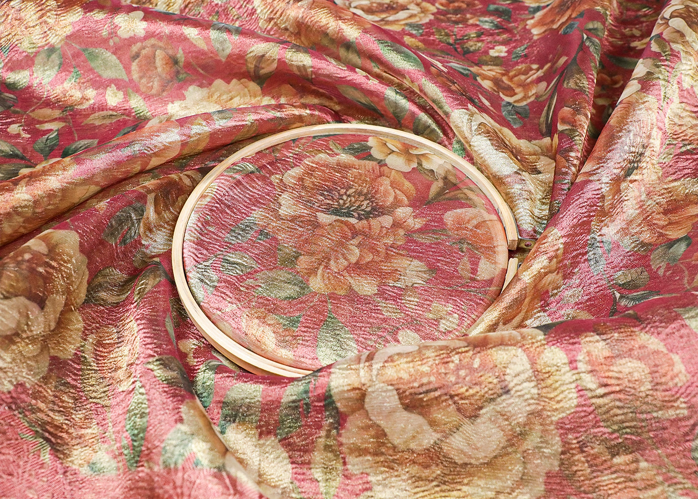 Pink Organza Fabric With All Over Floral Print And Thread Handloom Border 19146