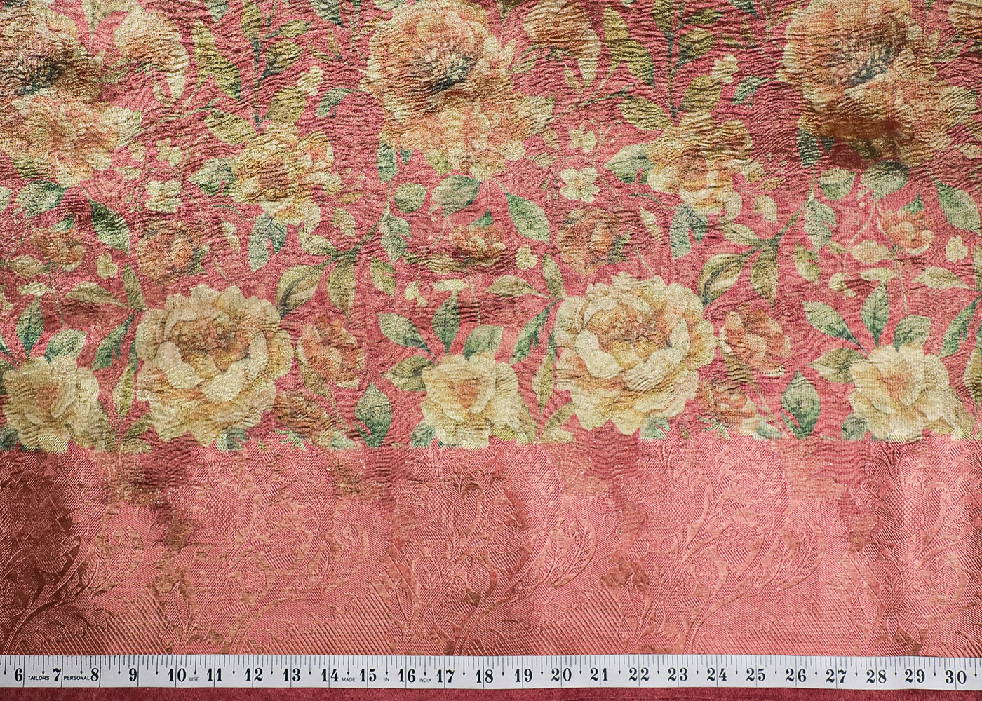 Pink Organza Fabric With All Over Floral Print And Thread Handloom Border 19146