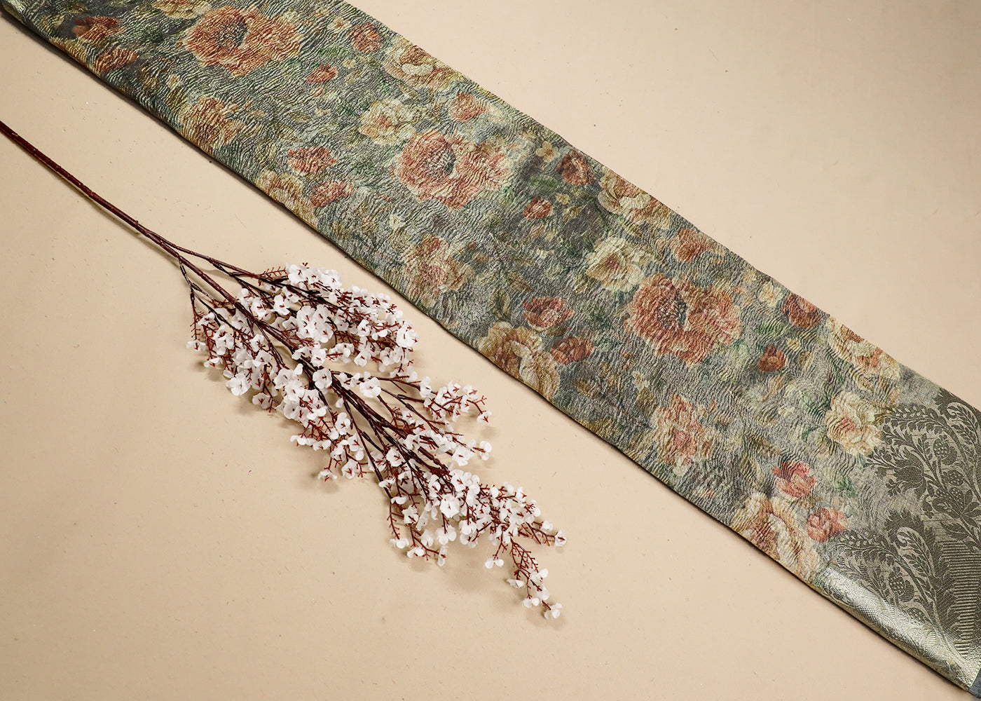 Grey Organza Fabric With All Over Floral Print And Thread Handloom Border 19147