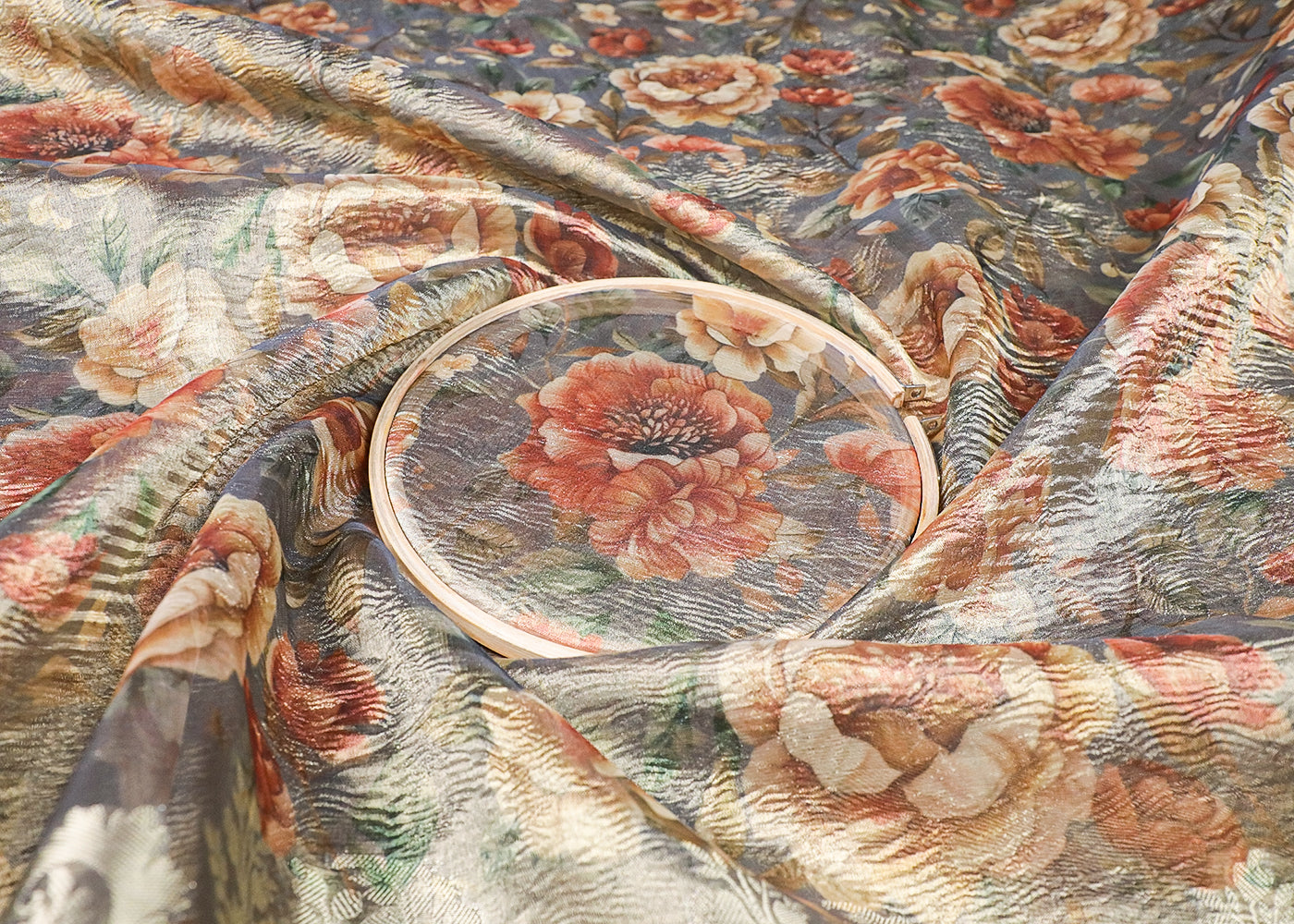 Grey Organza Fabric With All Over Floral Print And Thread Handloom Border 19147