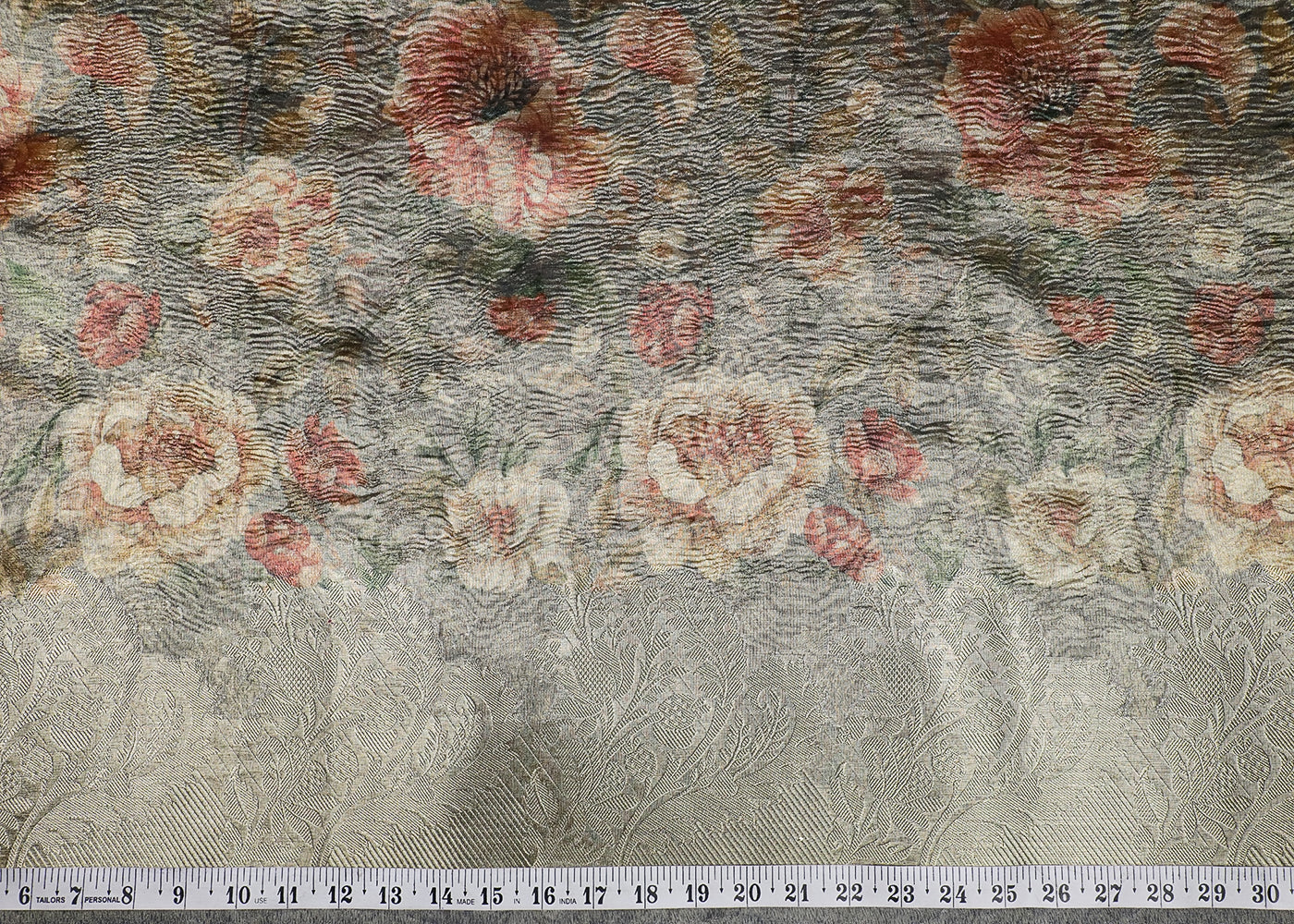 Grey Organza Fabric With All Over Floral Print And Thread Handloom Border 19147