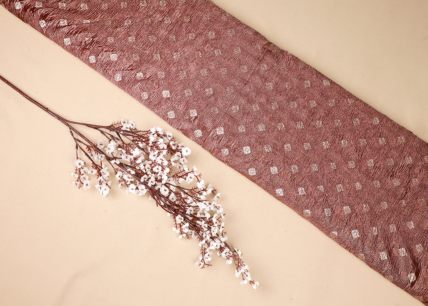Rust Tissue Fabric With All Over Golden Zari Handloom 19151
