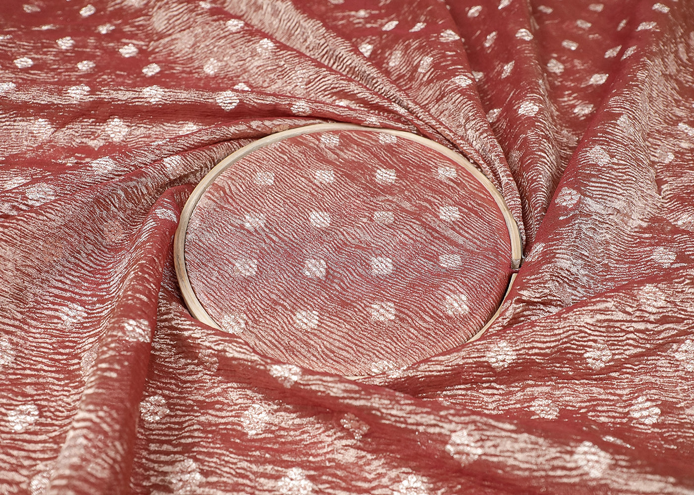Rust Tissue Fabric With All Over Golden Zari Handloom 19151