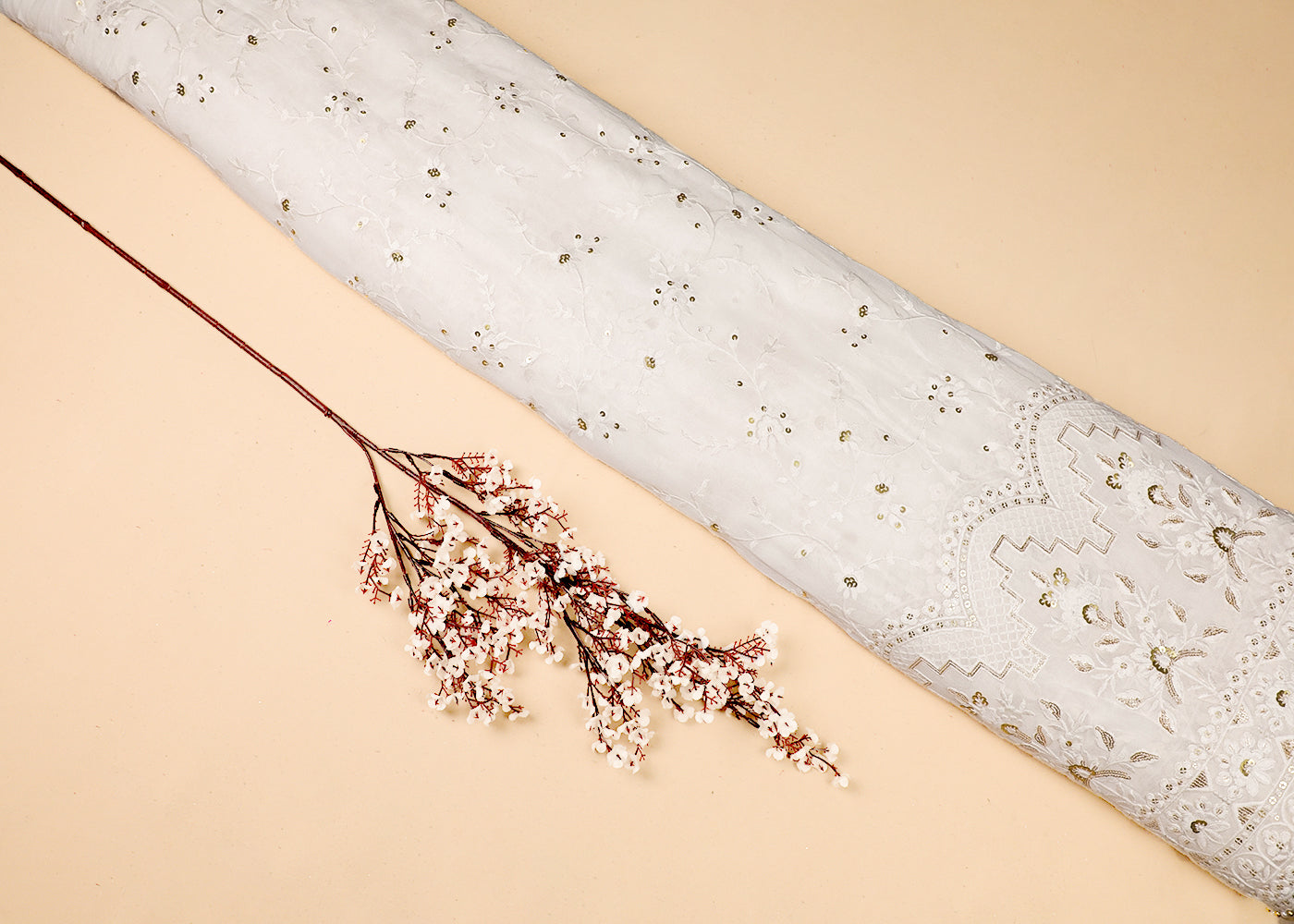 White Georgette Fabric With All Over Thread And Sequins Work With One Side Border 19156