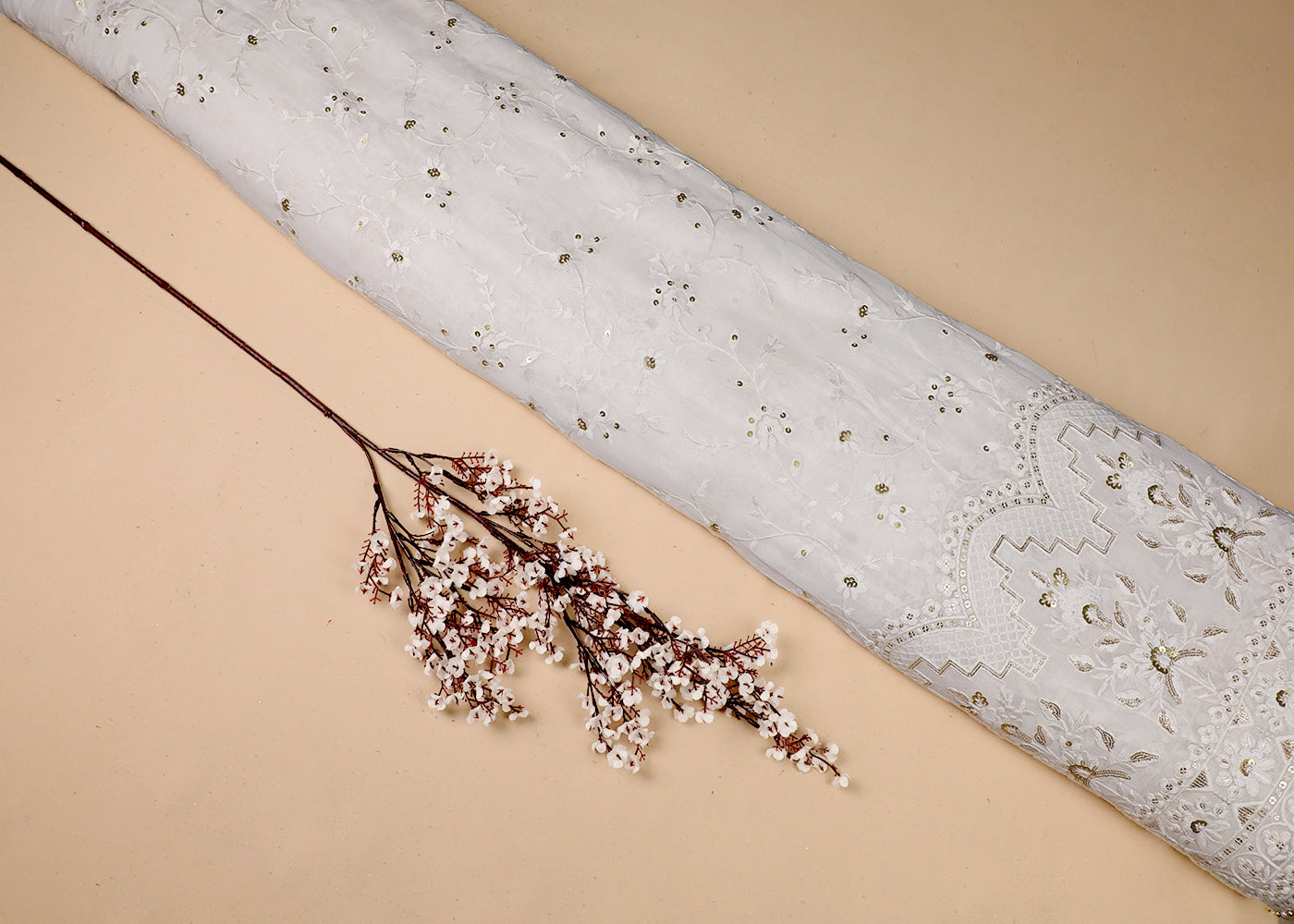 White Georgette Fabric With All Over Thread And Sequins Work With One Side Border 19156